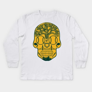 Oakland Baseball Sugar Skull Sticker Kids Long Sleeve T-Shirt